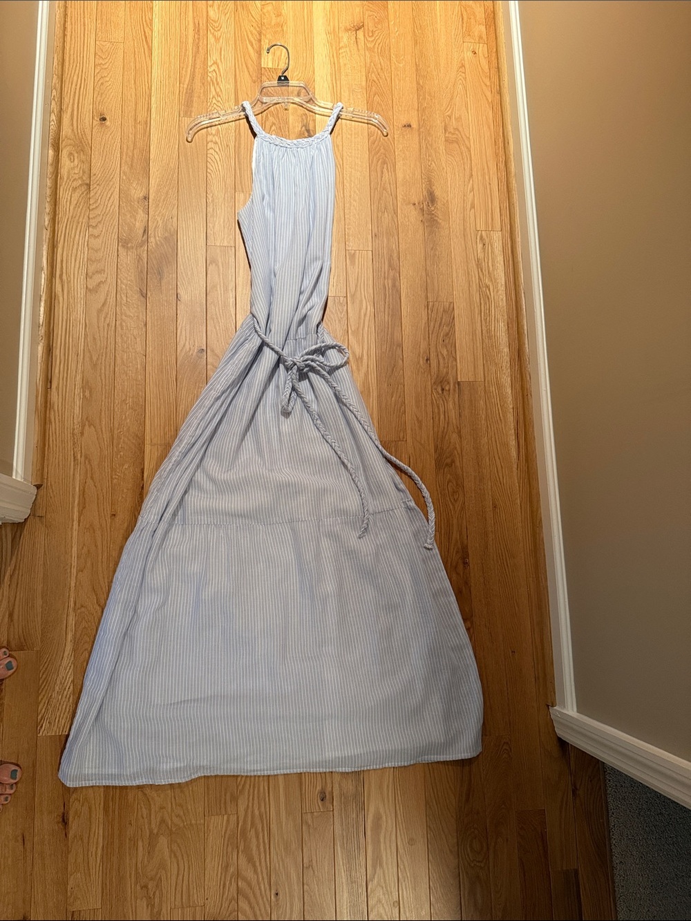 Japna Light Blue Striped Halter Maxi Dress with Tie Waist